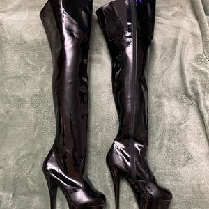 Pleaser Glossy Black Thigh High Boots